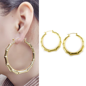 Round Bamboo Shape 24K Gold-Plated Copper Earrings Jewelry Gift Present for Woman