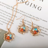 Rose Gold Color Stone Flower 24K Gold-Plated Copper Necklace Earring Jewelry Set Gift Present for Woman
