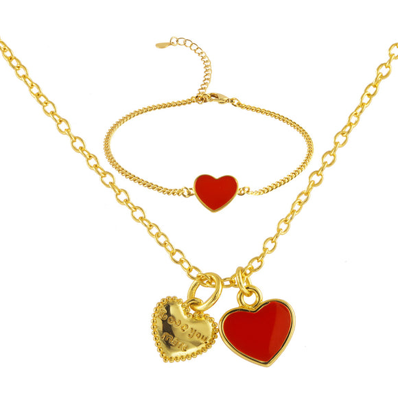 Red Heart Shape 24K Gold-Plated Copper Necklace Barceket Jewelry Set Gift Present for Woman
