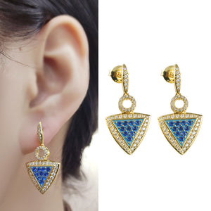 Blue Triangle Hanging Type 24K Gold-Plated Copper Earrings Hoop Jewelry Gift Present for Woman E33