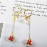 Y Shape Red Stone 24K Gold-Plated Copper Necklace Earring Jewelry Set Gift Present for Woman