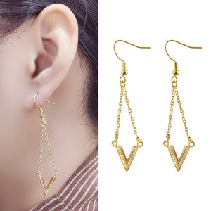 V Shape Earrings Drop CZ Stone 24K Earrings Drop Gold-Plated Copper Earrings Jewelry Gift Present for Woman E12